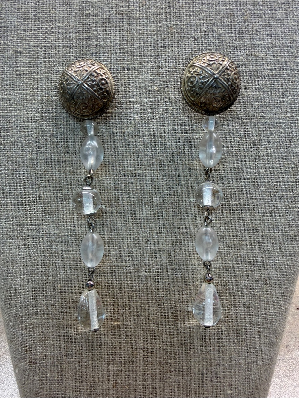Stanley Clear Crystal Drop Earrings with Ornate Silver Medallion